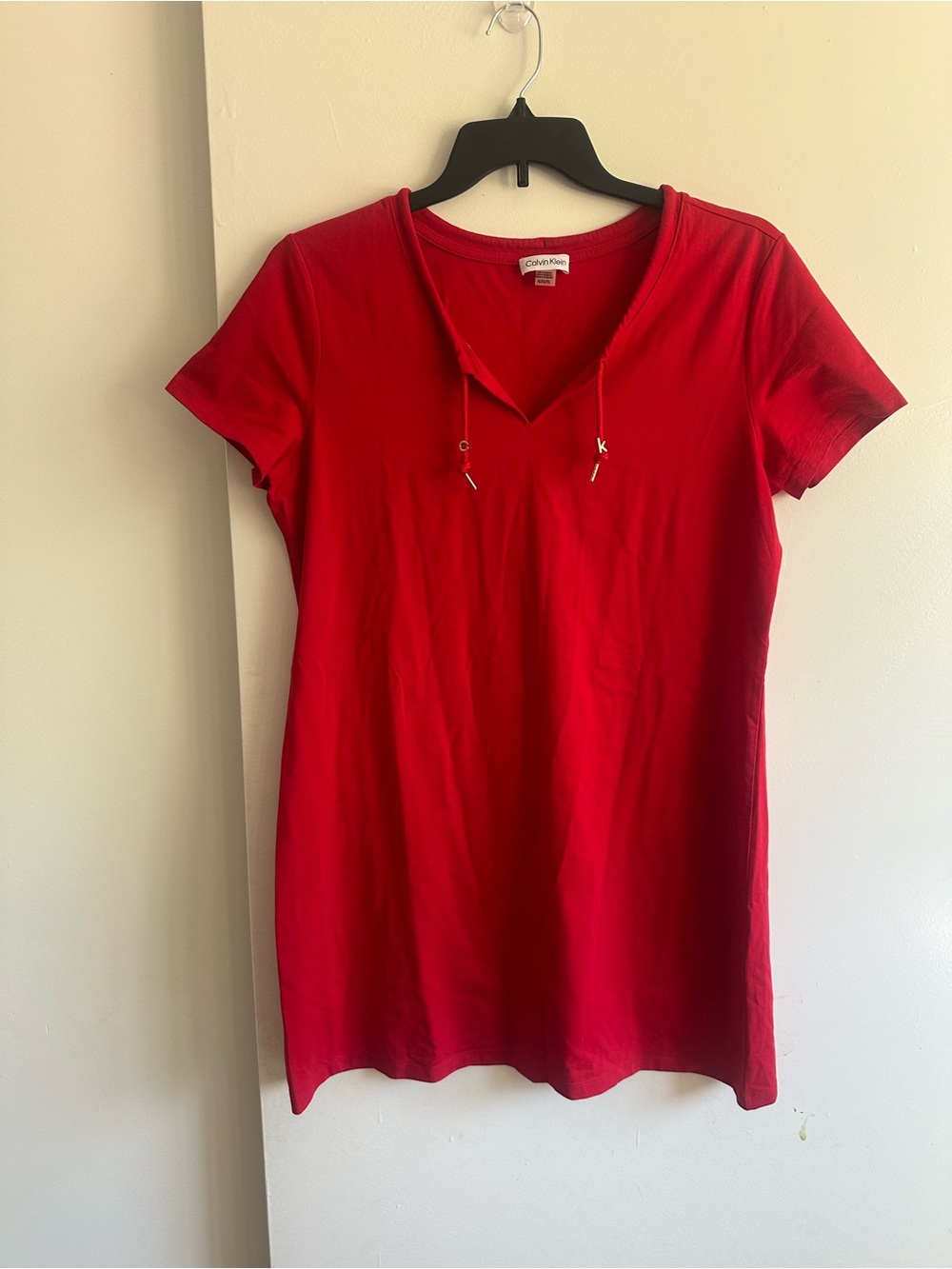 Calvin Klein Red V-Neck Short Sleeve Mini Dress with Drawstring